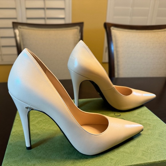 New Gucci GG High Heel Leather Beige Pumps Shoes 38 / US 8 - Picture 4 of 16
